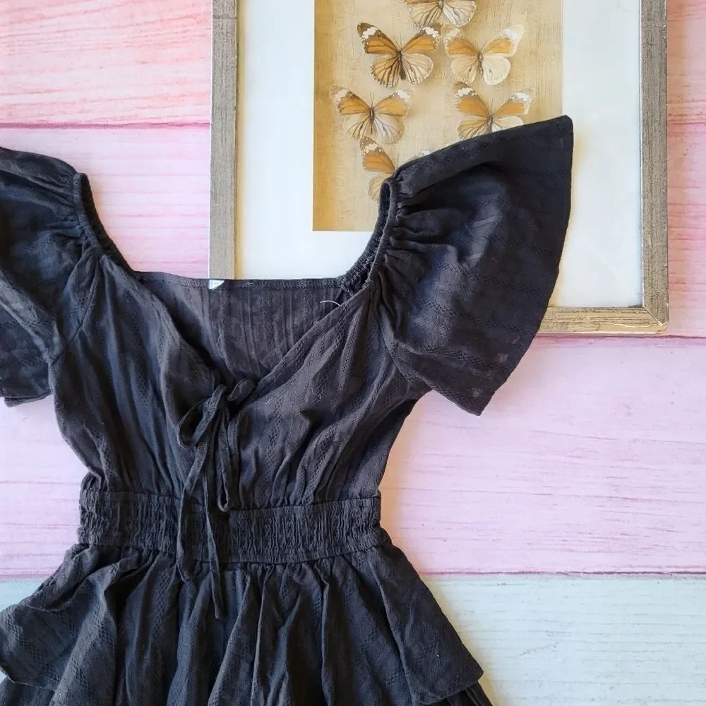 Princess Polly‎ Black A Love Song Layered Ruffle Cotton Romper Playsuit 2US